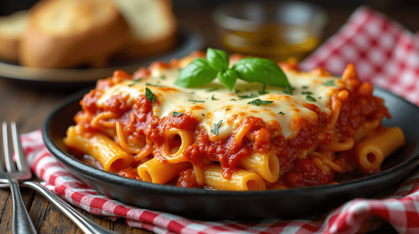 A vegetarian baked ziti casserole with layers of pasta, marinara sauce, ricotta, and melted mozzarella cheese, garnished with fresh basil.