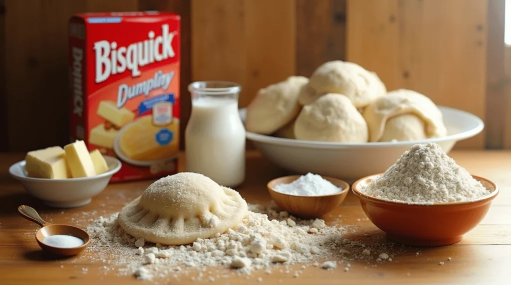 Ingredients for Bisquick Dumpling recipe arranged on a wooden kitchen countertop, including Bisquick, milk, butter, egg, salt, and baking powder, with flour dust scattered lightly on the surface.