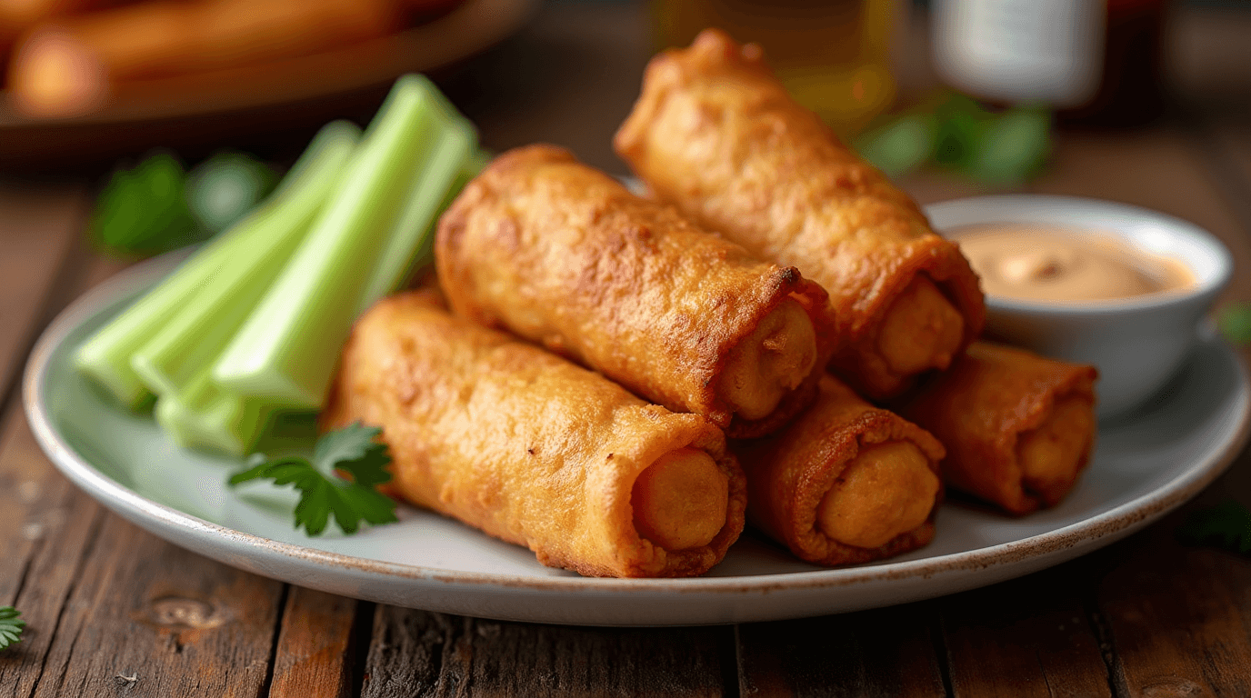 Golden-brown buffalo chicken egg rolls served with dipping sauce and celery sticks.