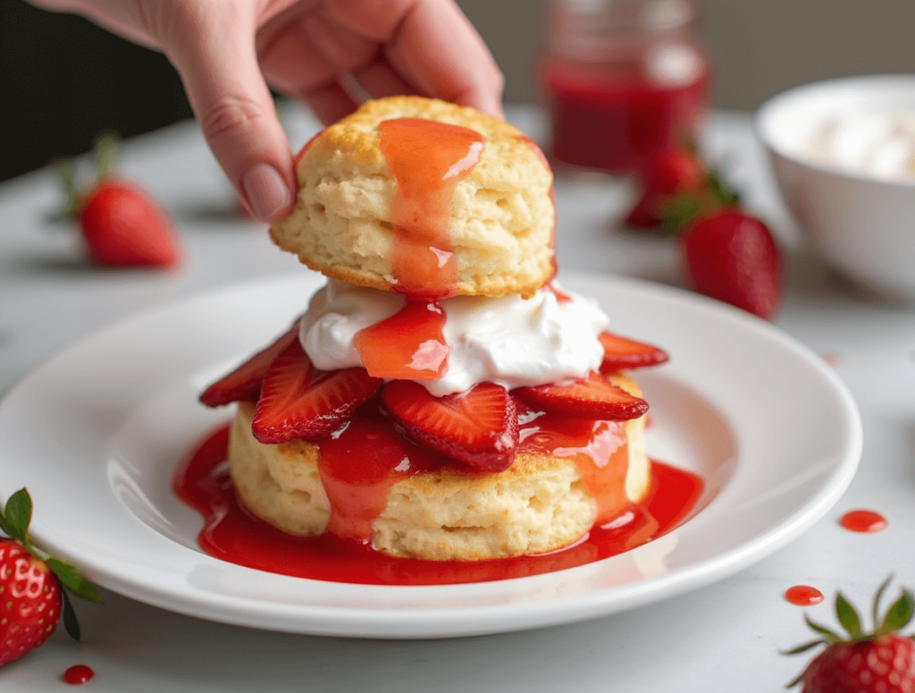 Assembling Bisquick strawberry shortcake with layers of biscuit, fresh strawberries, and whipped cream on a plate.