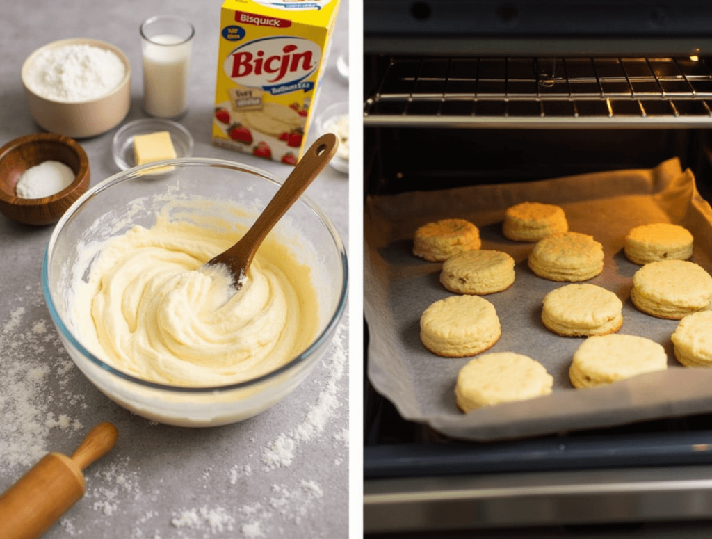 Mixing dough for Bisquick shortcakes and placing biscuit portions onto a baking sheet to bake.