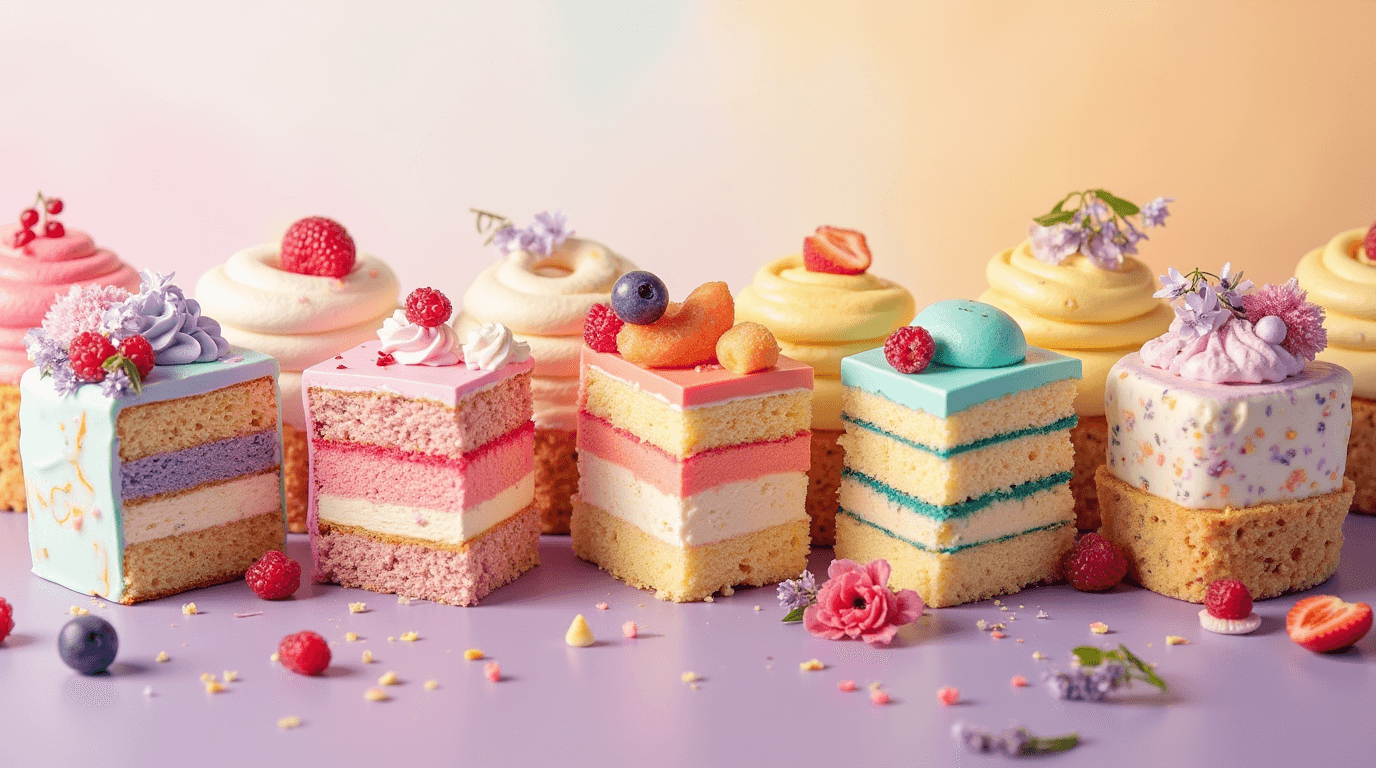 A variety of colorful cake slices on a wooden platter, including chocolate, vanilla, red velvet, and lemon flavors, garnished with fresh fruits and frosting.