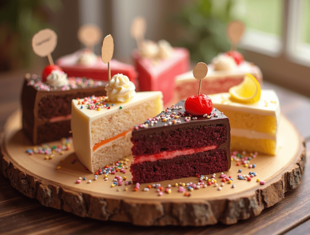 An assortment of cake slices in various flavors, including chocolate, vanilla, red velvet, and lemon, displayed on a platter with decorative toppings like fruits and frosting, symbolizing the variety and options for choosing the perfect cake flavor.