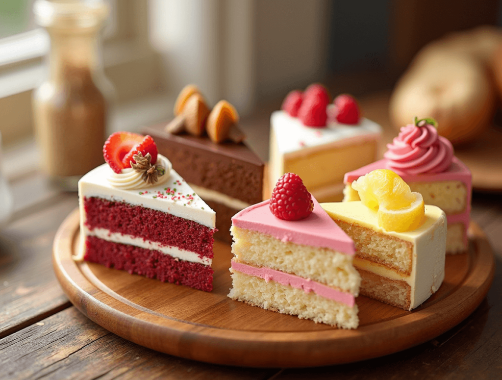 An assortment of cake slices in various flavors, including chocolate, vanilla, red velvet, and lemon, displayed on a platter with decorative toppings like fruits and frosting, symbolizing the variety and options for choosing the perfect cake flavor.