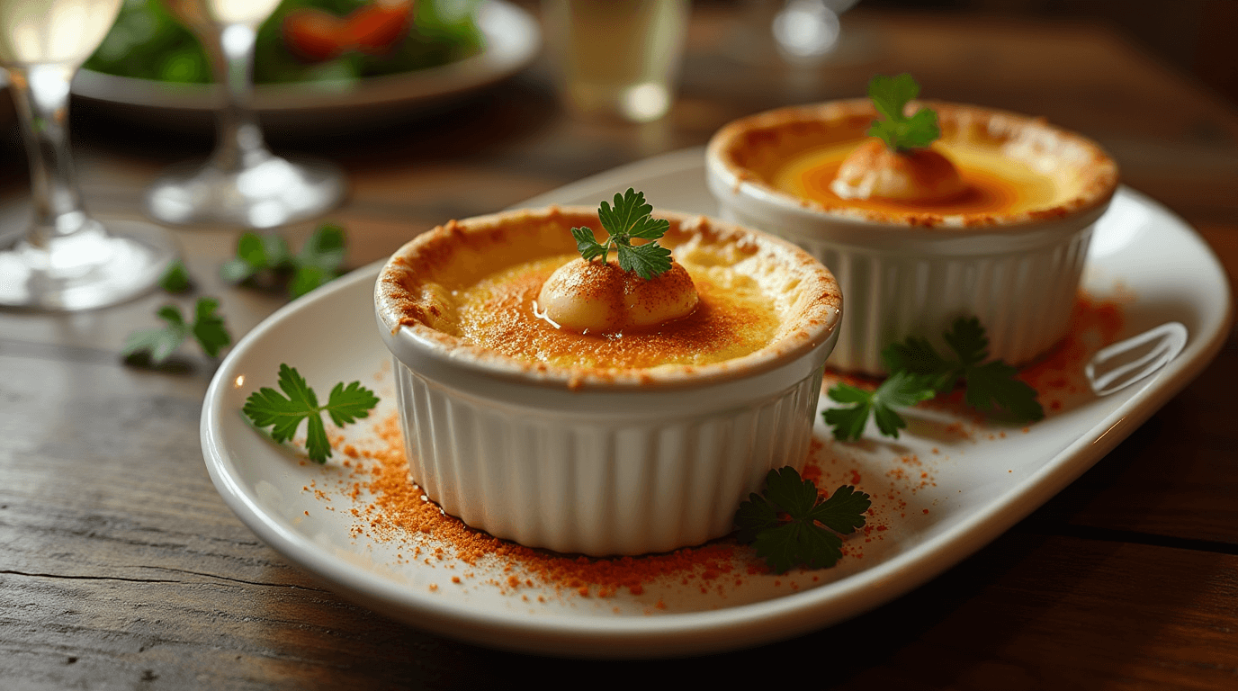 Crab brulee in ramekins with a golden caramelized top, garnished with fresh herbs and a sprinkle of smoked paprika.