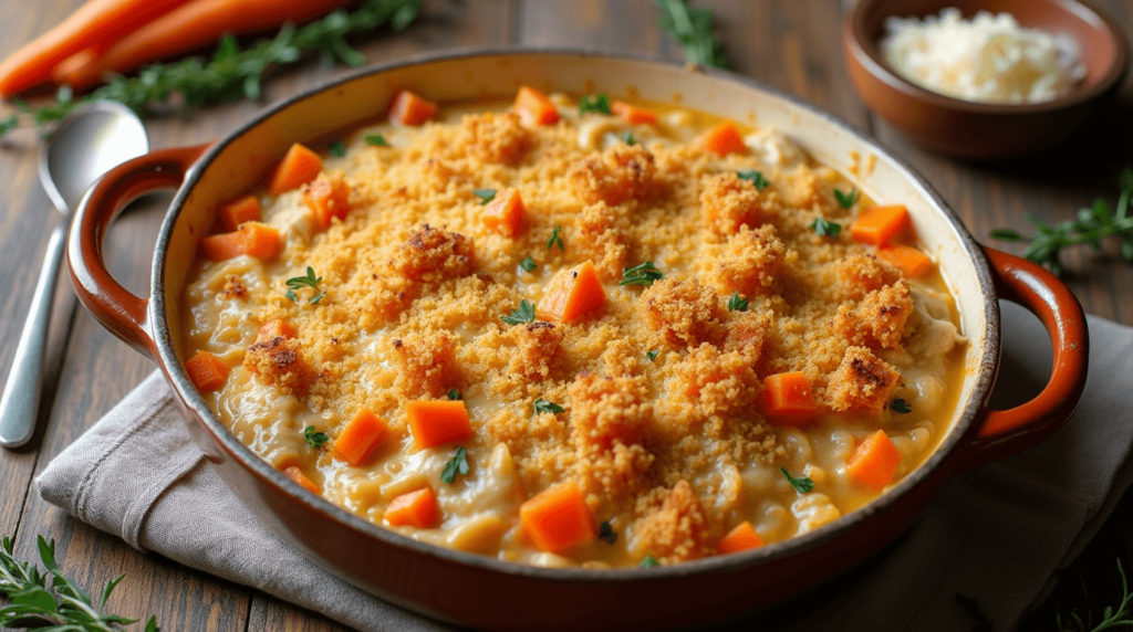 A golden-brown carrot and chicken casserole in a rustic baking dish, featuring vibrant diced carrots, tender shredded chicken, and a creamy sauce topped with crispy breadcrumbs, served on a wooden table with fresh thyme and a linen napkin.