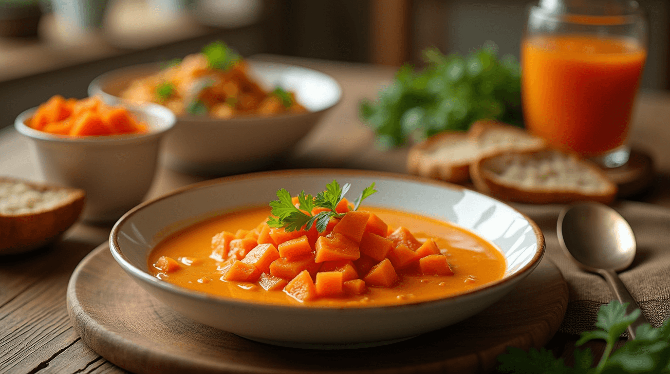 Vibrant dinner dishes featuring diced frozen carrots, including creamy carrot soup, colorful stir-fry, and rustic bread on a cozy kitchen table.