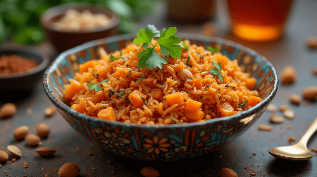 A bowl of spiced carrot rice pilaf made with fluffy basmati rice, vibrant diced carrots, golden raisins, and aromatic spices, garnished with fresh cilantro and toasted almonds, served on a warm, earthy-toned table with small dishes of spices and a spoon nearby.