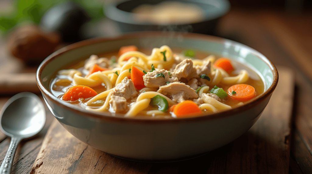 Warm and comforting bowl of homemade chicken noodle soup with chicken, egg noodles, carrots, celery, and broth.