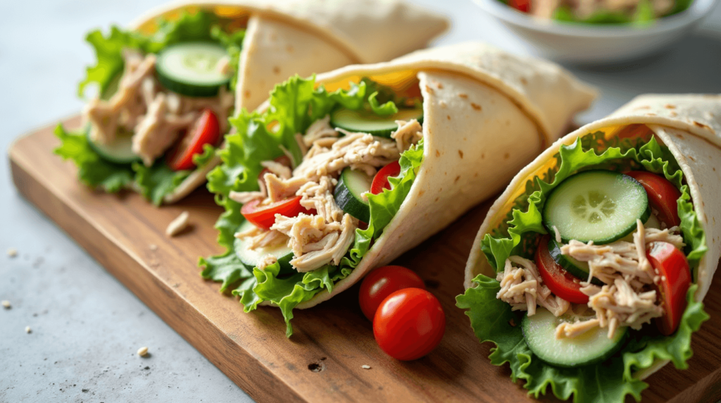 Fresh and colorful chicken salad wraps with shredded rotisserie chicken, lettuce, tomatoes, cucumbers, and creamy dressing wrapped in a soft tortilla.