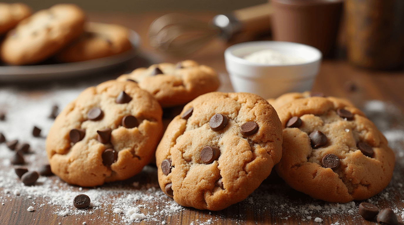 A plate of freshly baked Crumbl cookies with chocolate chips and toppings, displayed on a rustic wooden table with baking ingredients in the background.