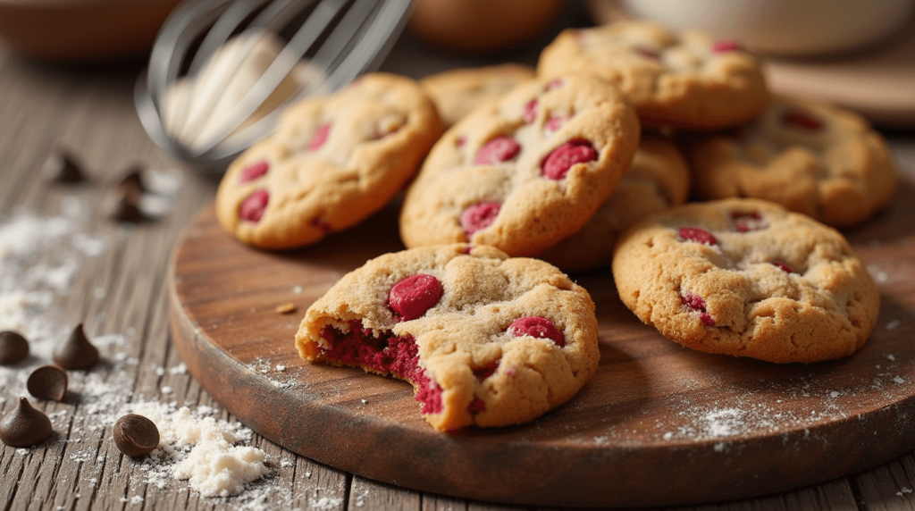 A plate of freshly baked Crumbl cookies with chocolate chips and toppings, displayed on a rustic wooden table with baking ingredients in the background.