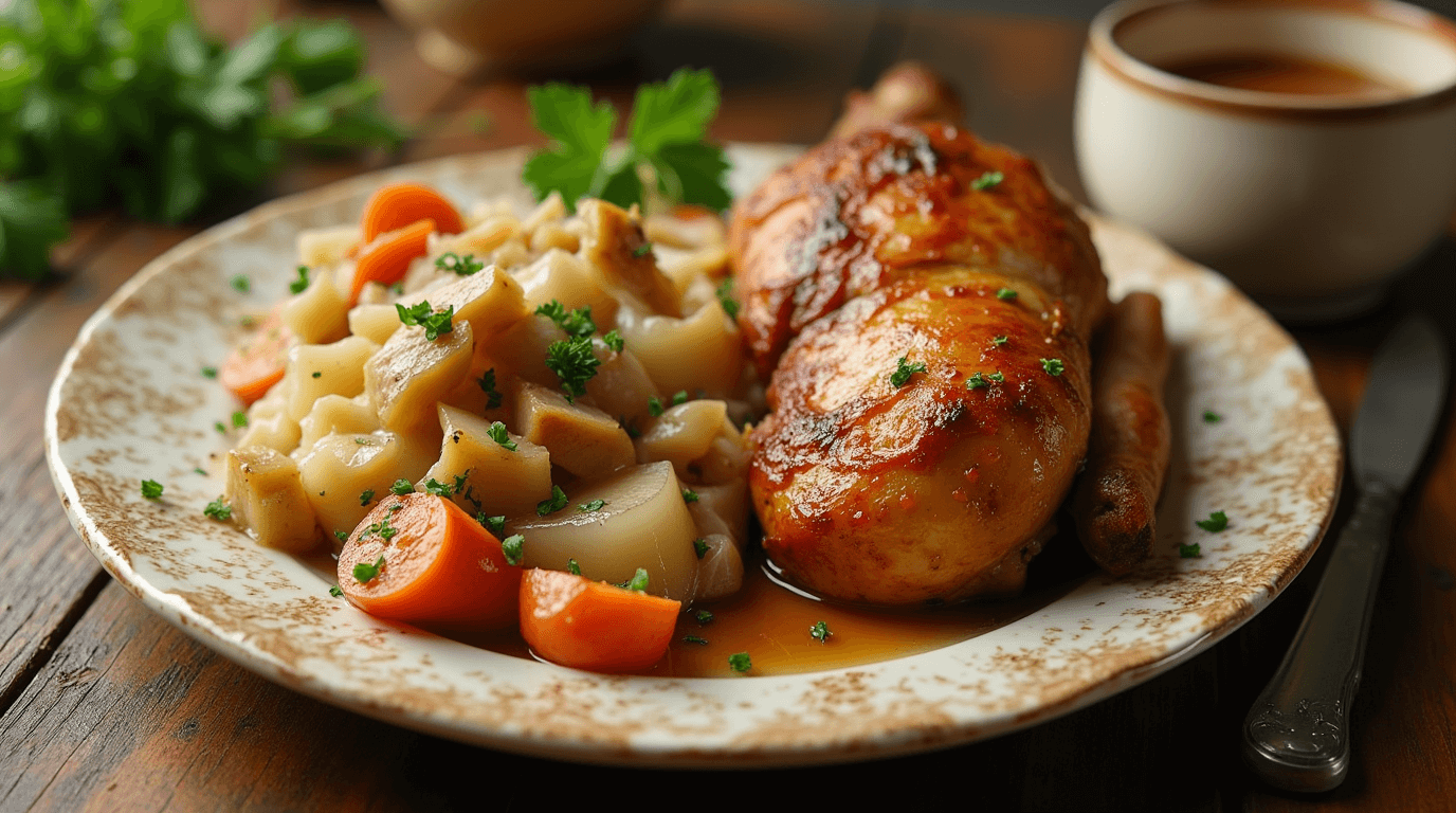 Delicious Chicken and Dressing Recipe featuring golden-brown chicken, savory stuffing, and fresh parsley garnish on a rustic plate.