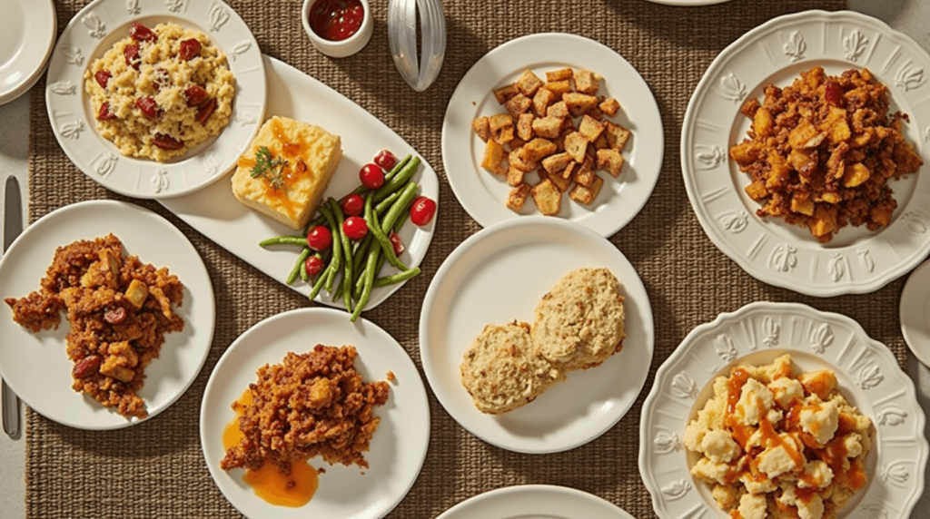 Serving Suggestions and Variations of Chicken and Dressing Recipe, featuring the classic dish alongside mashed potatoes, steamed vegetables, cranberry sauce, a vegetarian stuffing version, and a spicy chicken option with hot sauce.