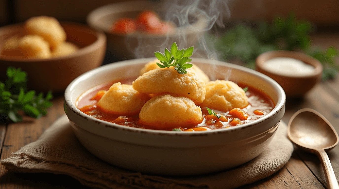 Fluffy Bisquick dumpling recipe served in a savory stew.