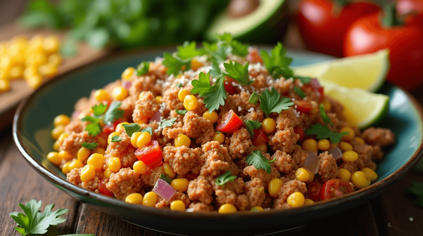 Plate of Ground Chicken Mexican Corn with colorful toppings and fresh garnishes.