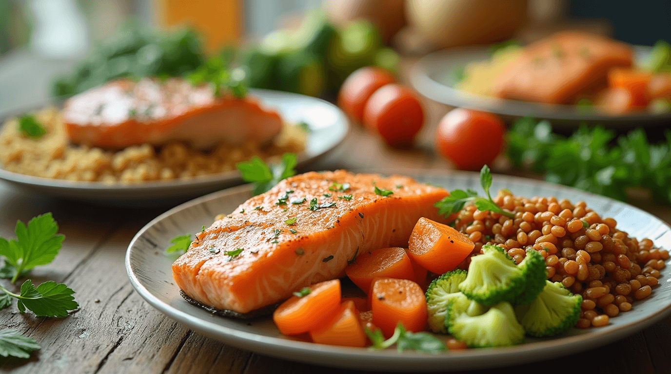 High-protein dinner featuring grilled chicken, salmon, quinoa, and roasted vegetables on a modern dining table.