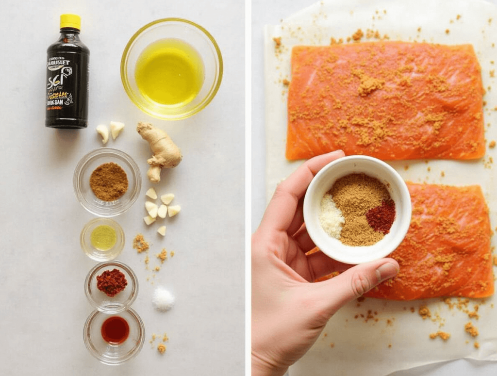 Step-by-step process of making a salmon Asian rub, with ingredients and a hand mixing the rub in a bowl.

