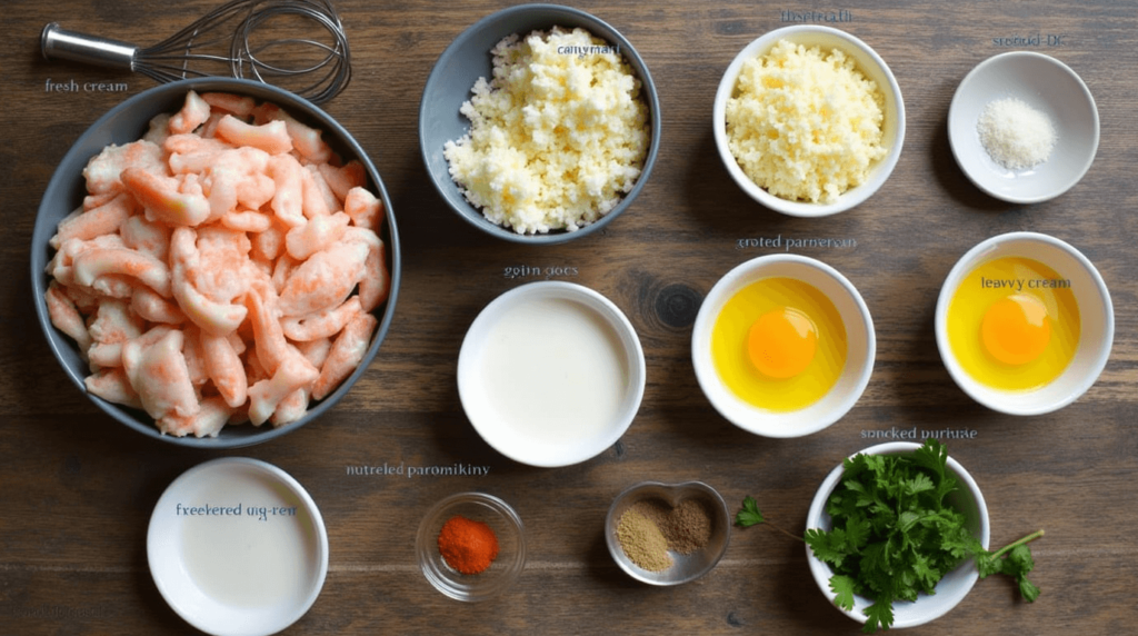 Flat lay of ingredients for crab brulee, including fresh crab meat, heavy cream, egg yolks, Parmesan cheese, parsley, paprika, nutmeg, and sugar.