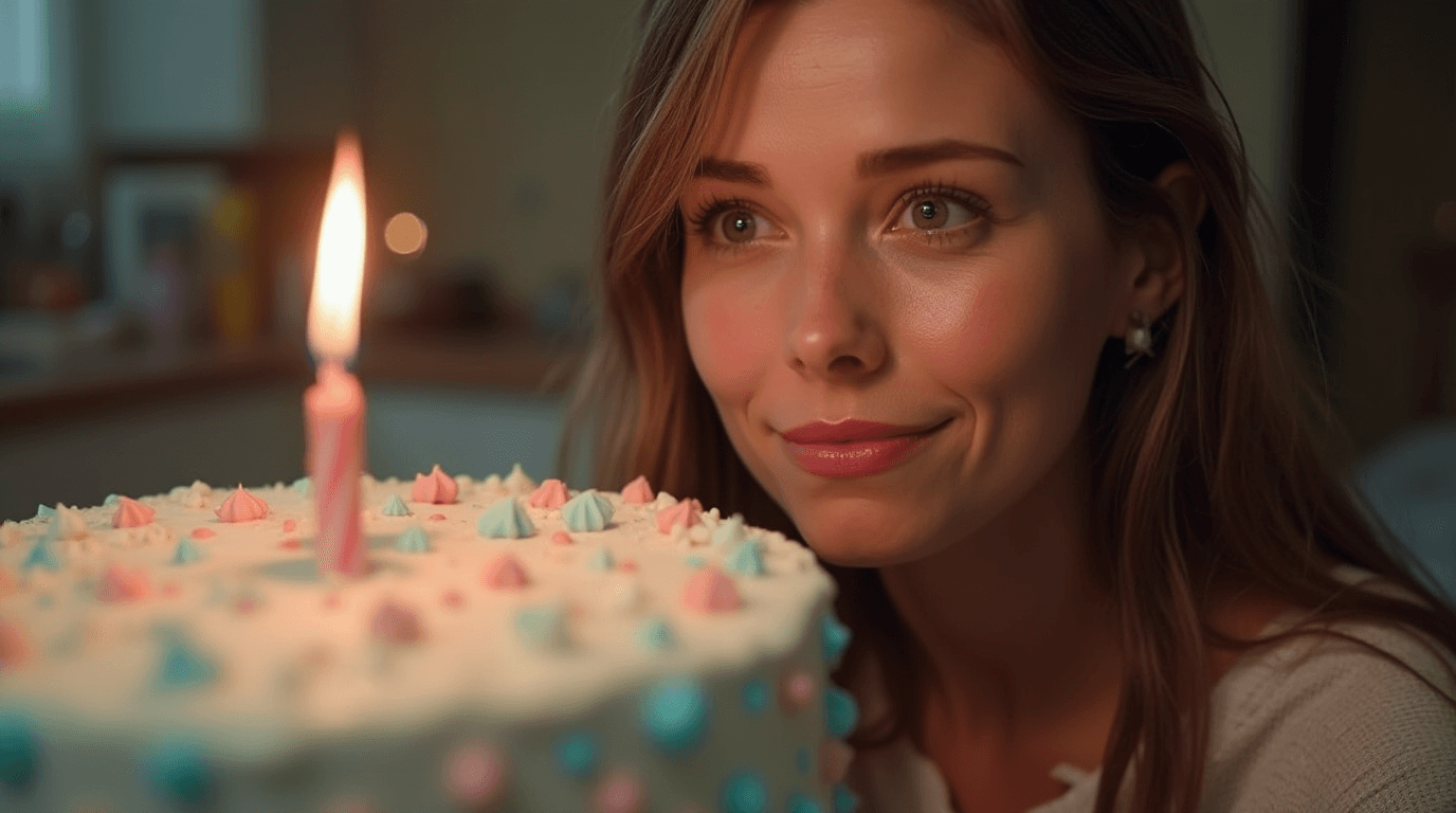 A single mom with long brown hair, crying beside a pastel-colored birthday cake with a single candle, evoking a bittersweet birthday moment.