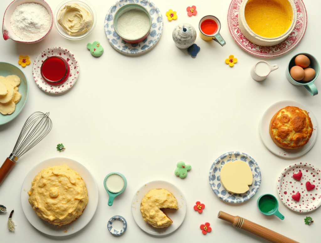 Flat-lay image of baking tools, ingredients, and partially completed stages of a Nanalan-themed cake, featuring vibrant colors and playful decorations inspired by the character Nanalan.