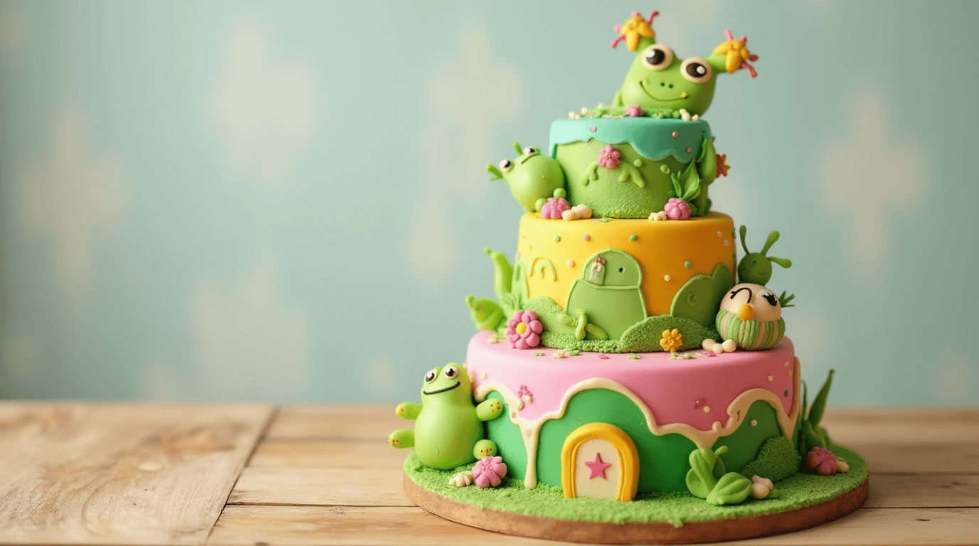 A whimsical Nanalan-themed cake decorated with bright colors, fondant flowers, and playful designs inspired by the Nanalan show.