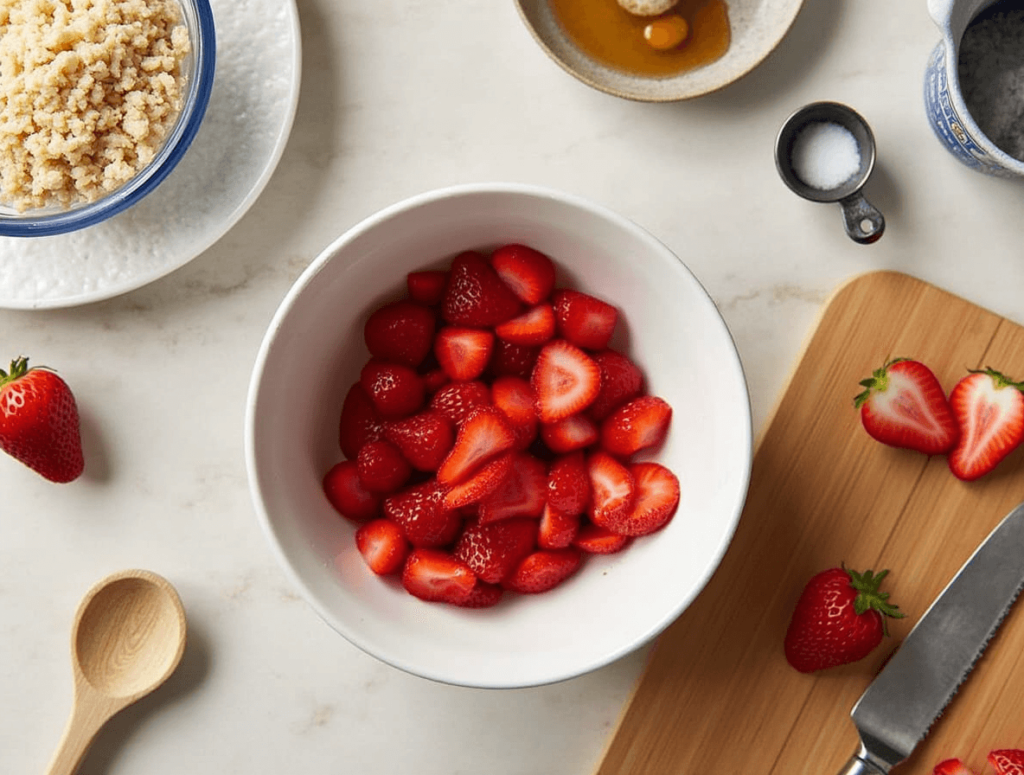 Fresh strawberries being sliced and mixed with sugar to prepare for Bisquick strawberry shortcake.