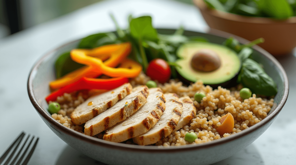 Grilled chicken and quinoa bowl with fresh vegetables like bell peppers, spinach, and avocado.