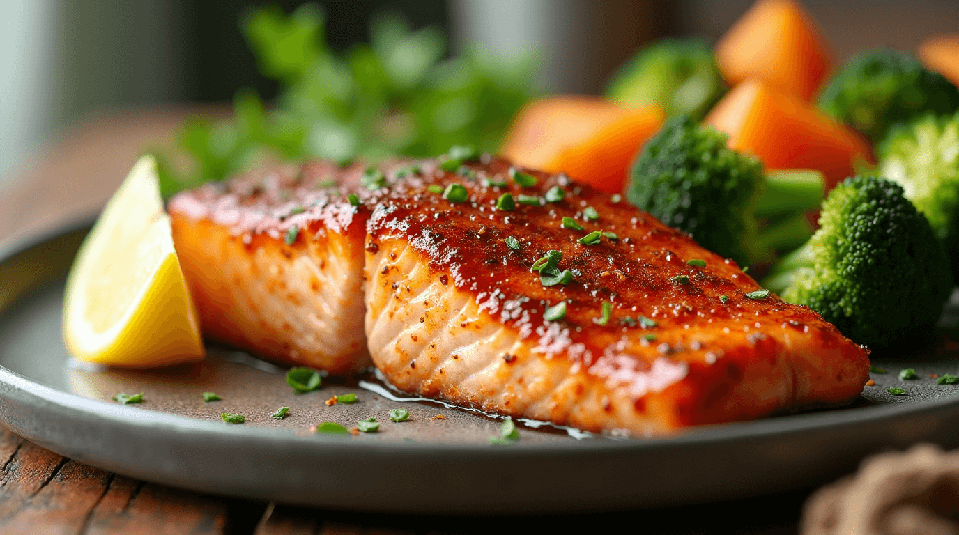 Perfectly cooked salmon fillet with an Asian rub, highlighting a salmon recipe high in Vitamin B, served with fresh vegetables and a lemon wedge.