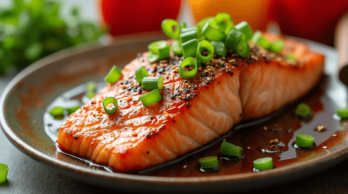 Salmon fillet seasoned with Asian rub, garnished with sesame seeds, green onions, and a drizzle of soy sauce.