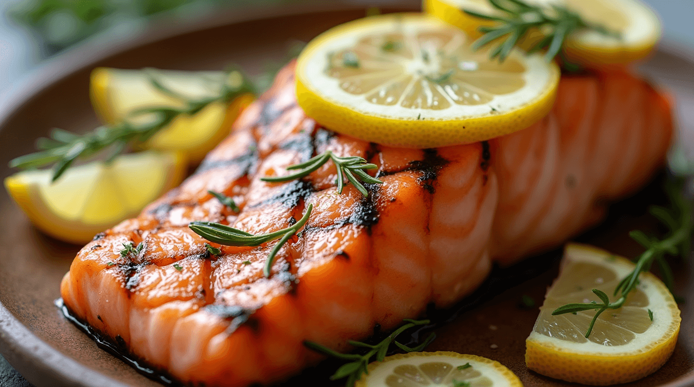 Fresh and succulent Faroe Island Salmon fillet on a wooden board with herbs and lemon slices.