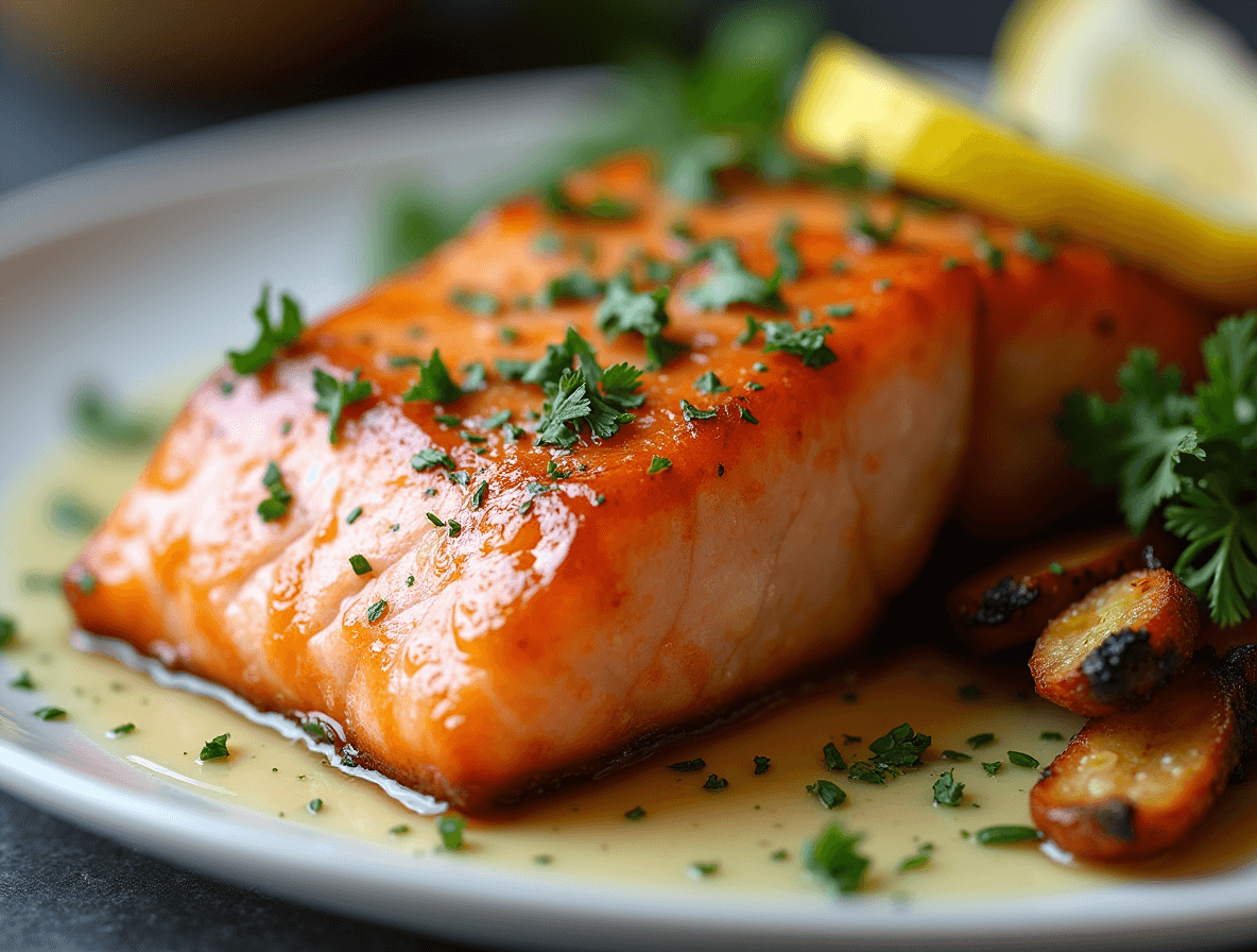 Pan-seared Faroe Island Salmon fillet with a golden crispy crust, topped with garlic butter and fresh herbs.