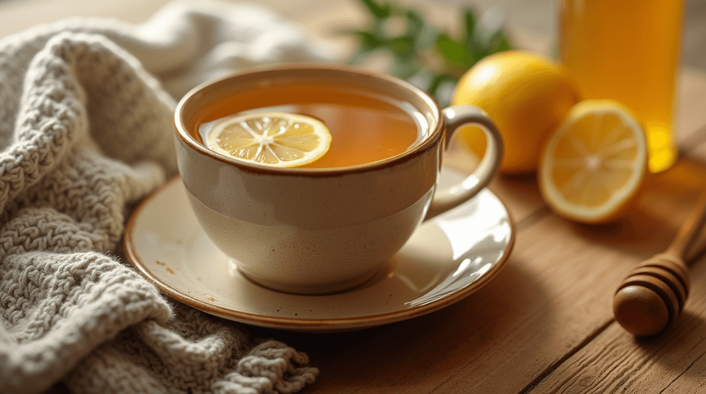 A cozy mug of homemade Starbucks Medicine Ball tea, garnished with a lemon slice and surrounded by ingredients like tea bags, honey, and lemonade on a wooden table.