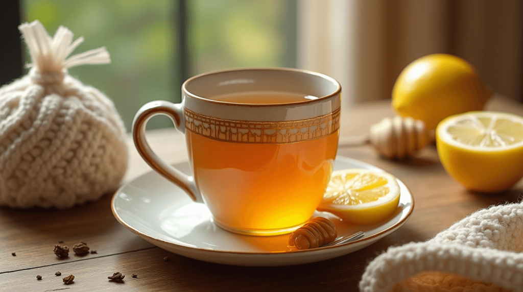 A cozy mug of homemade Starbucks Medicine Ball tea, garnished with a lemon slice and surrounded by ingredients like tea bags, honey, and lemonade on a wooden table.