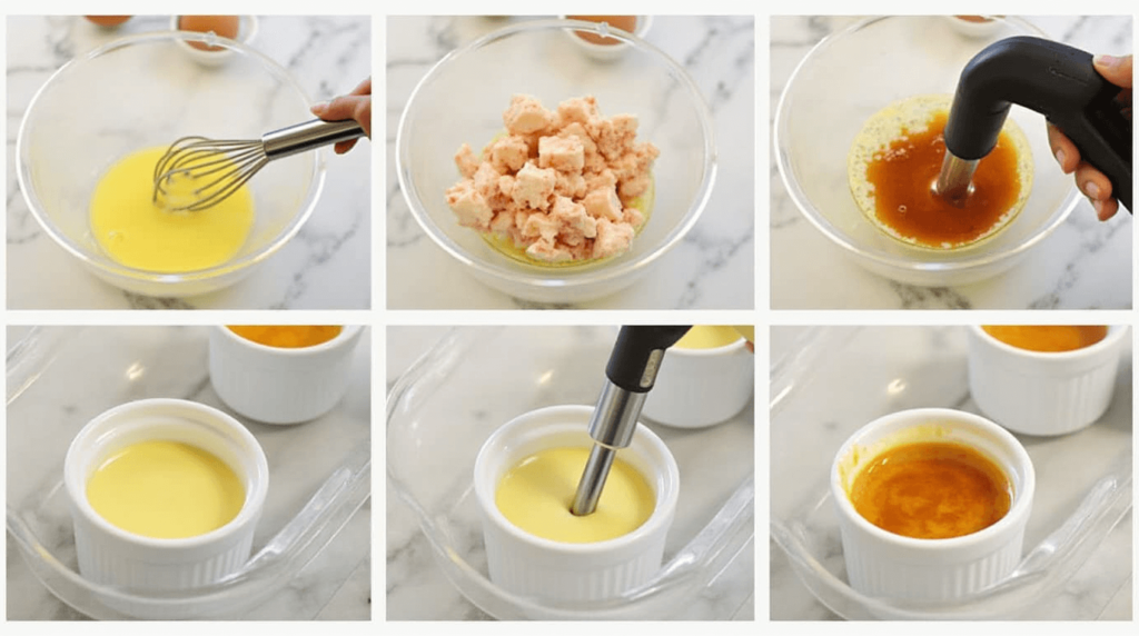 Step-by-step images of making crab brulee, including whisking custard, mixing crab meat, filling ramekins, baking in a water bath, and caramelizing the top.