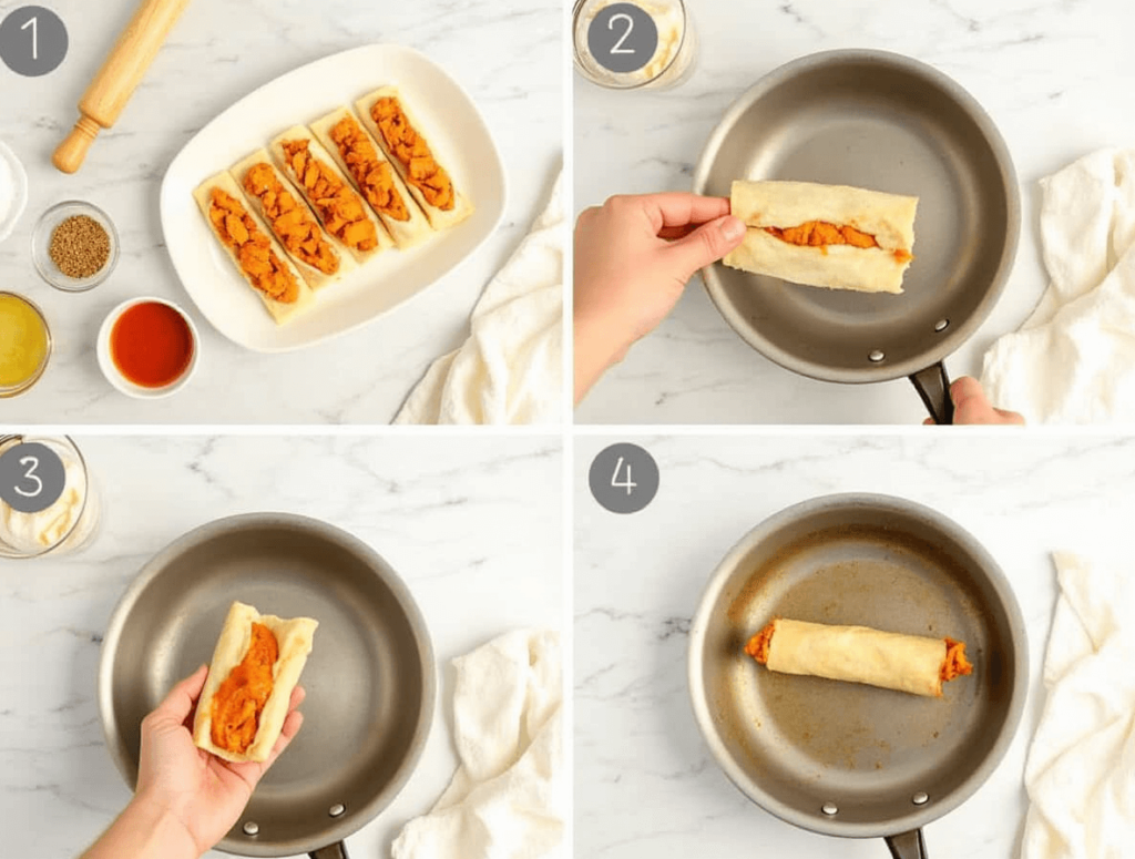 Step-by-step process of assembling and cooking buffalo chicken egg rolls, with ingredients and cooking tools laid out.