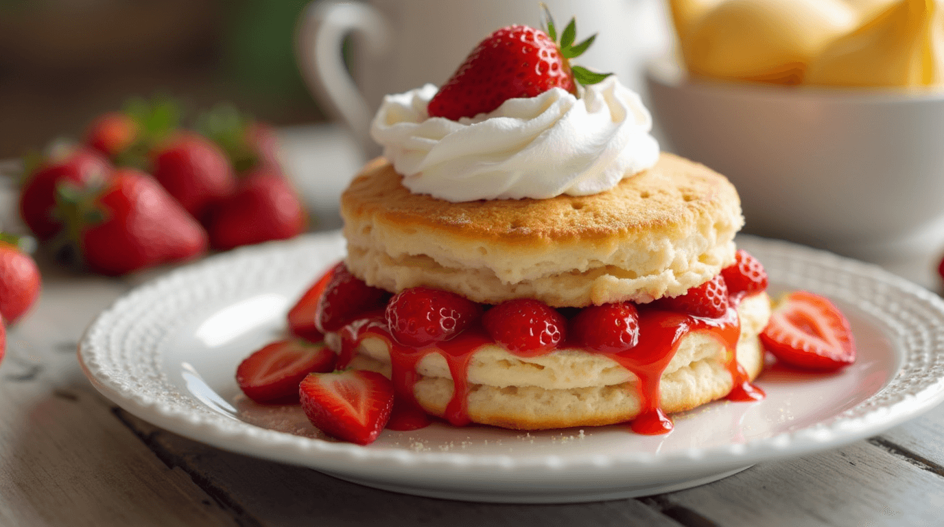 Bisquick strawberry shortcake with golden biscuits, fresh strawberries, and whipped cream.