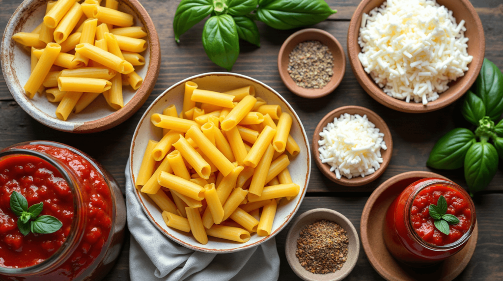 Flat-lay image of ingredients for a baked ziti recipe with no meat, including uncooked ziti pasta, marinara sauce, ricotta cheese, shredded mozzarella, grated Parmesan, fresh basil leaves, minced garlic, and Italian seasoning, arranged neatly on a rustic wooden surface.